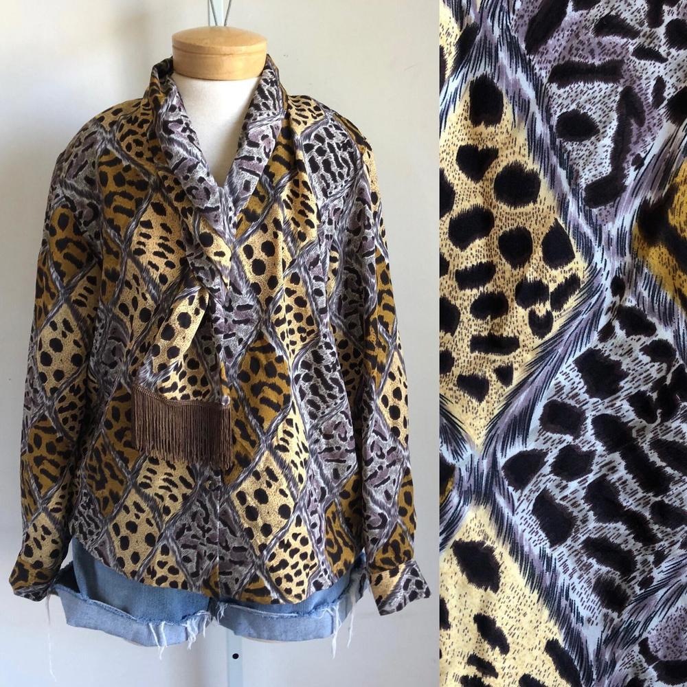 Vintage 90s Cheetah Print Blouse with Scarf Detail, M/L